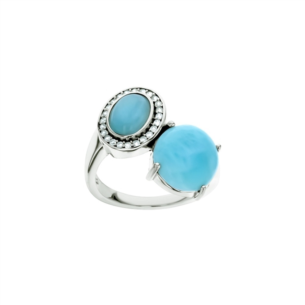 925 Sterling Silver Larimar 11mm Round & Oval Halo CZ Crossover Ring 4.28 gm